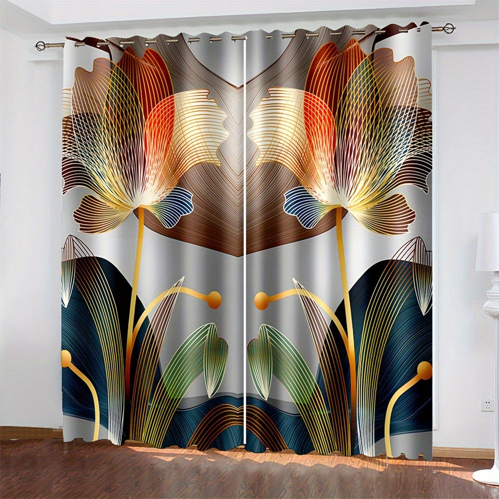 2pcs, Abstract Floral Golden Line Modern Floral Digital Printed Curtain Living Room Curtains, Grommet Top Curtains For Living Room Furniture Decoration Home Decor
